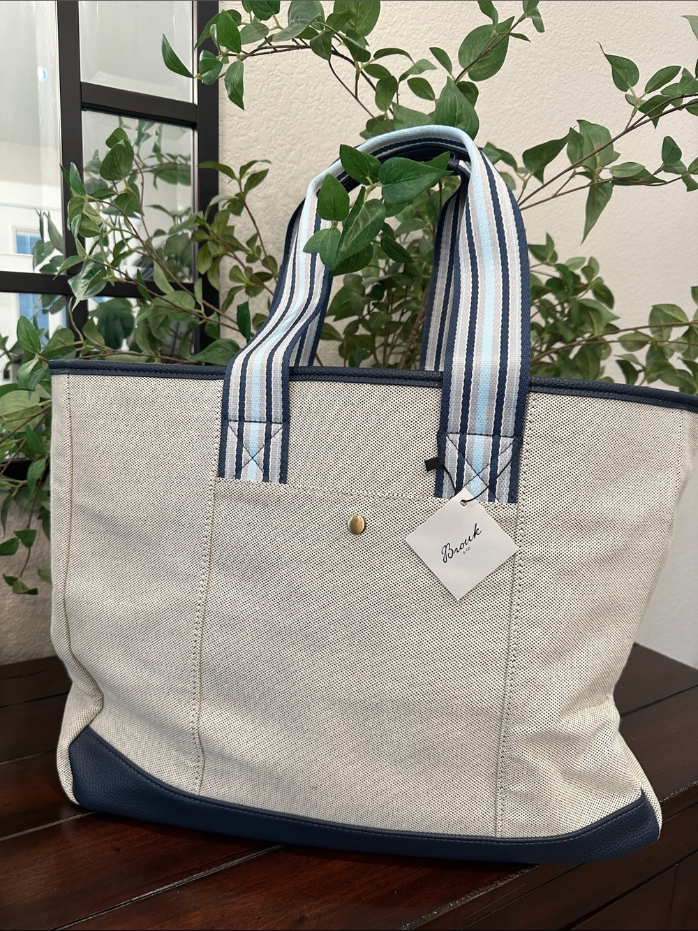 Canvas Stripe Tote with Navy Trim